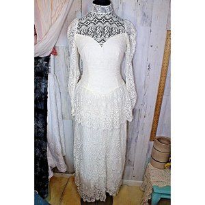 Vintage Victorian Full Lace S/M ( NO SIZE) Ivory White Handmade Women's Dress